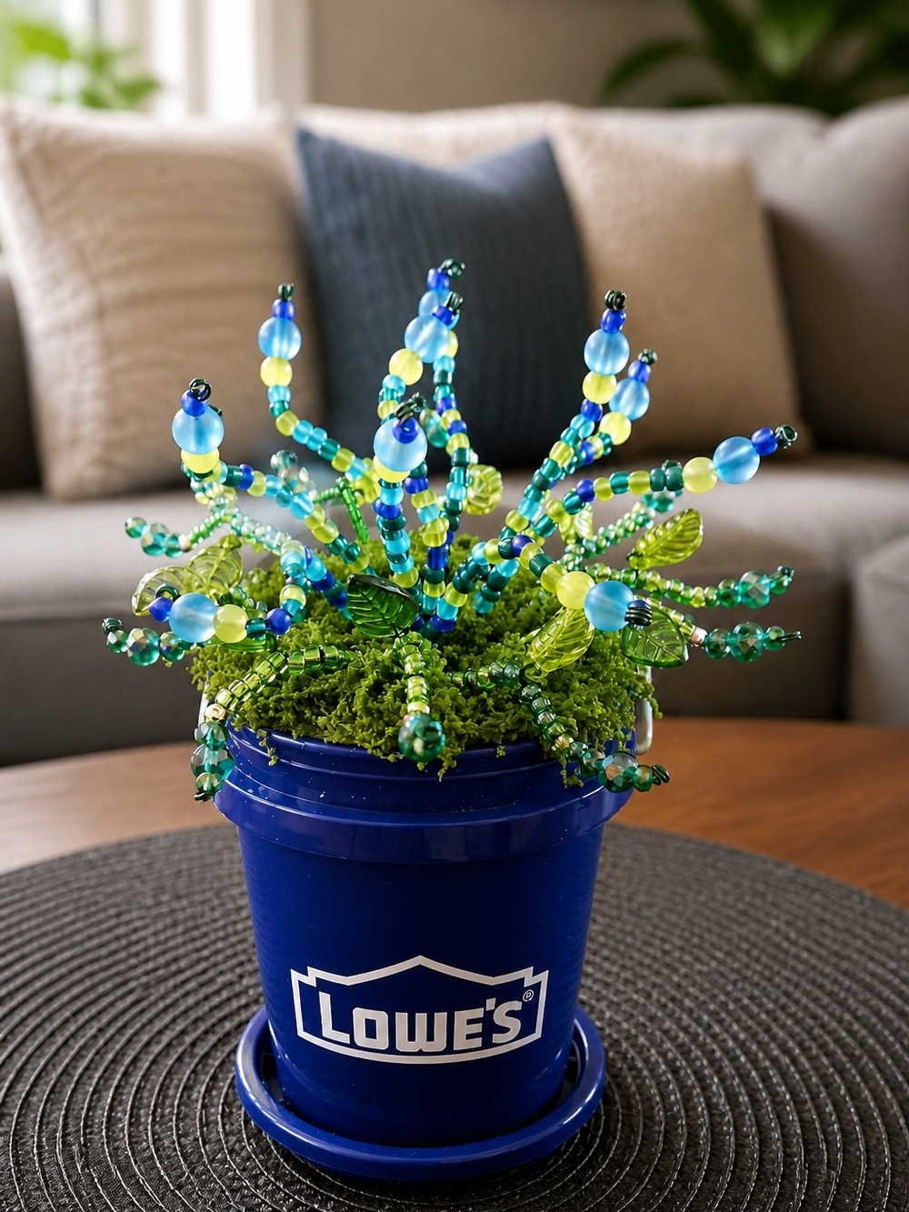 Blue Beaded Floral Arrangement in Lowes Mini Bucket